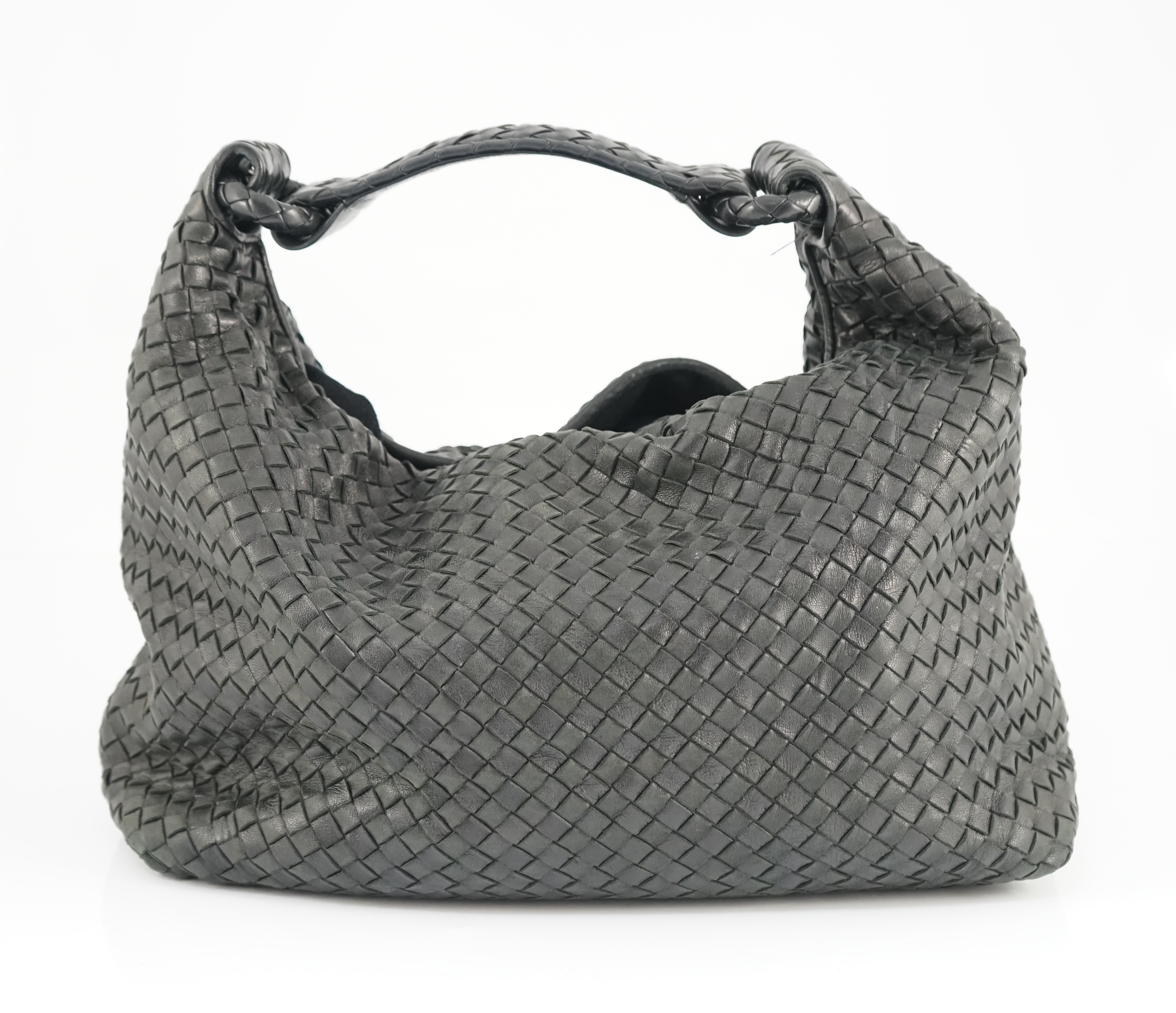 A Bottega Veneta intrecciato-weave medium black leather hobo bag, width 35cm, depth 15cm, height approx. 26cm